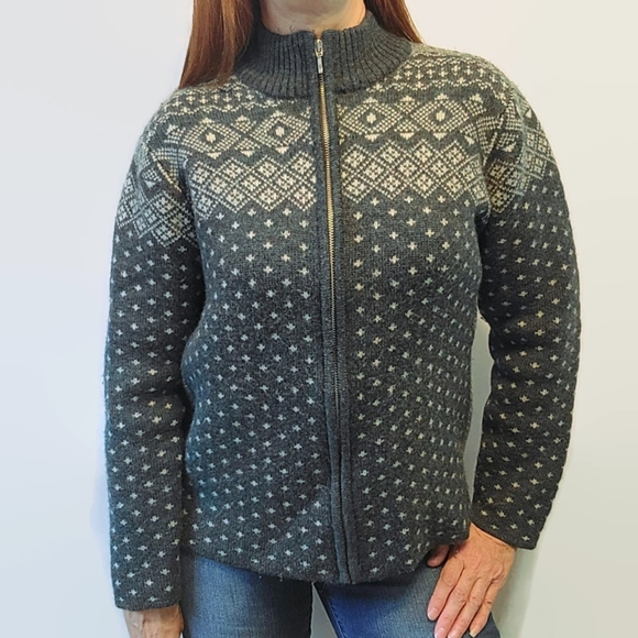 Vintage Land End Wool Fair Isle Full Zip Cardigan Sweater - Picture 2 of 16
